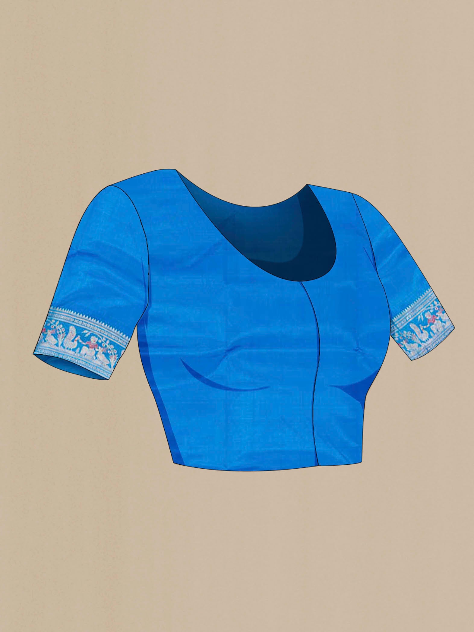 Close up image of the blouse of Royal Blue Baluchari Silk Saree with Zari And Thread Butta on the body and Zari Border