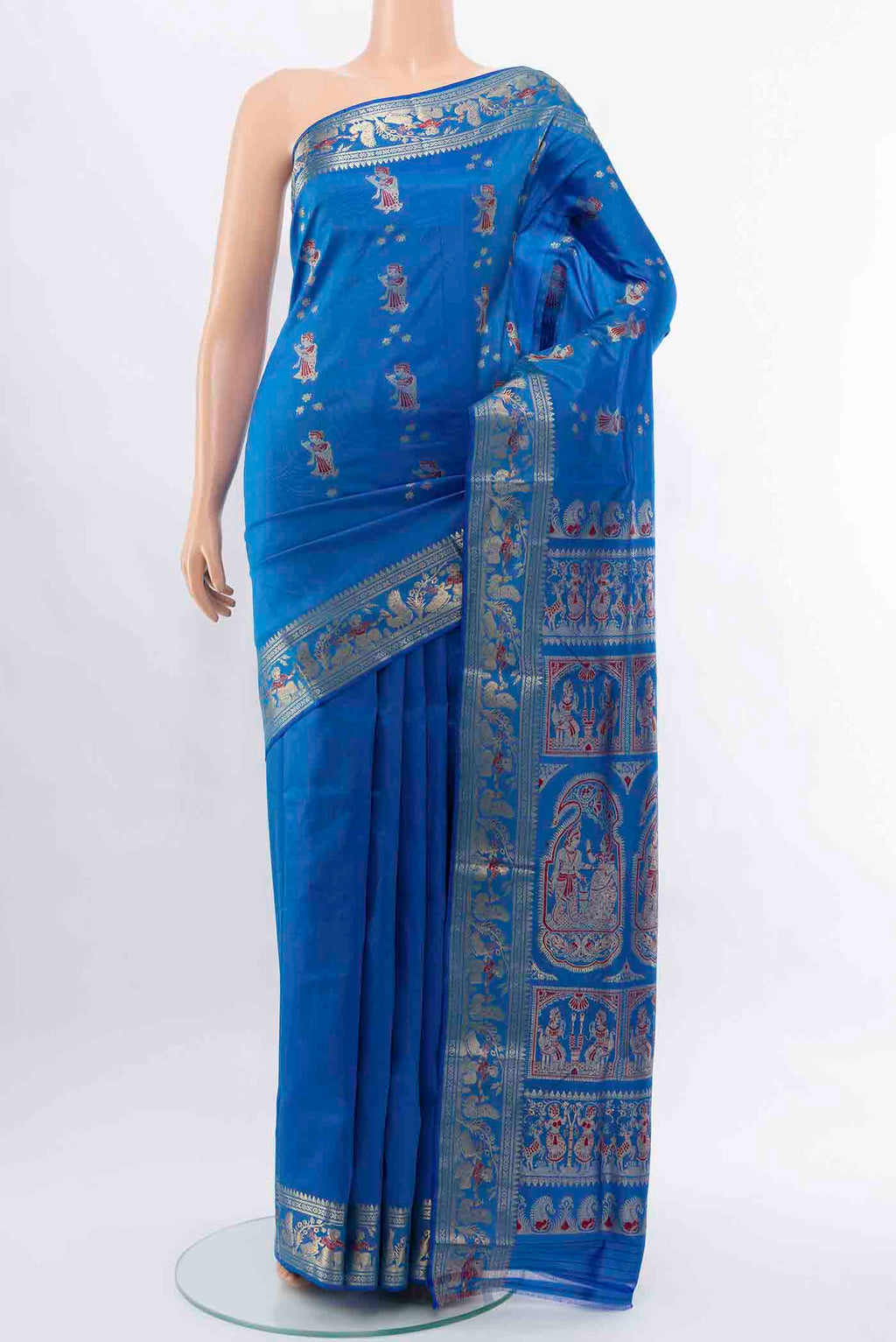Royal Blue Baluchari Silk Saree with Zari And Thread Butta on the body and Zari Border displayed on a mannequin