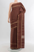 Brown Kanchipuram Silk Saree with Checked design on the body and Plain Border.  displayed on a mannequin