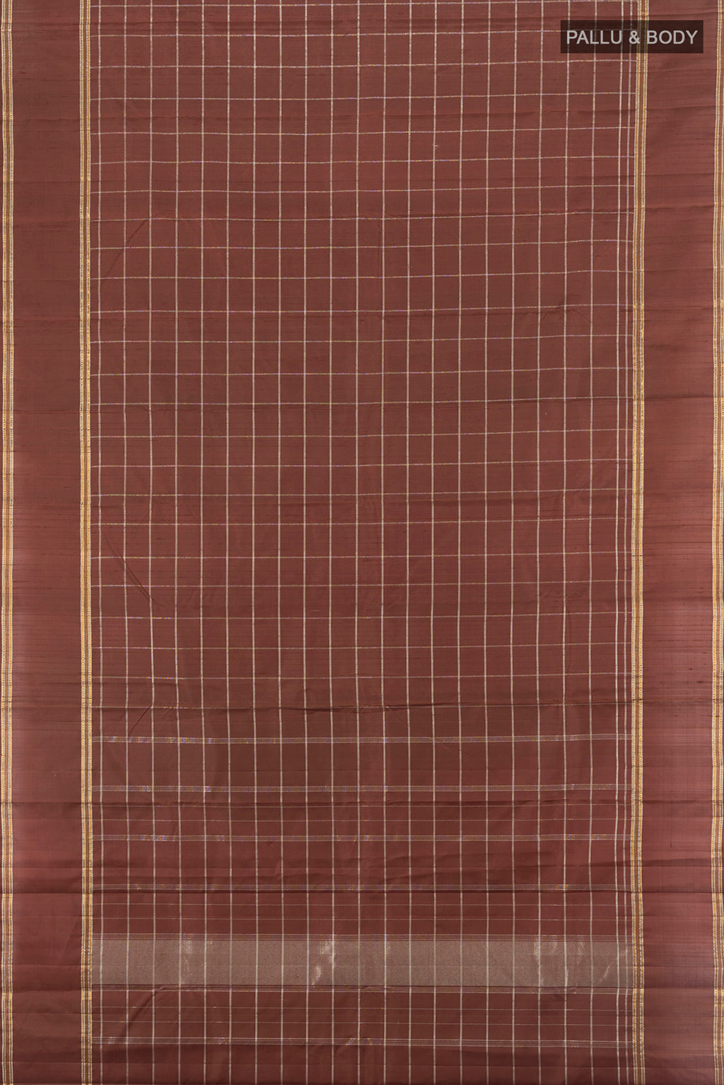 Flat view of Brown Kanchipuram Silk Saree with Checked design on the body and Plain Border. 