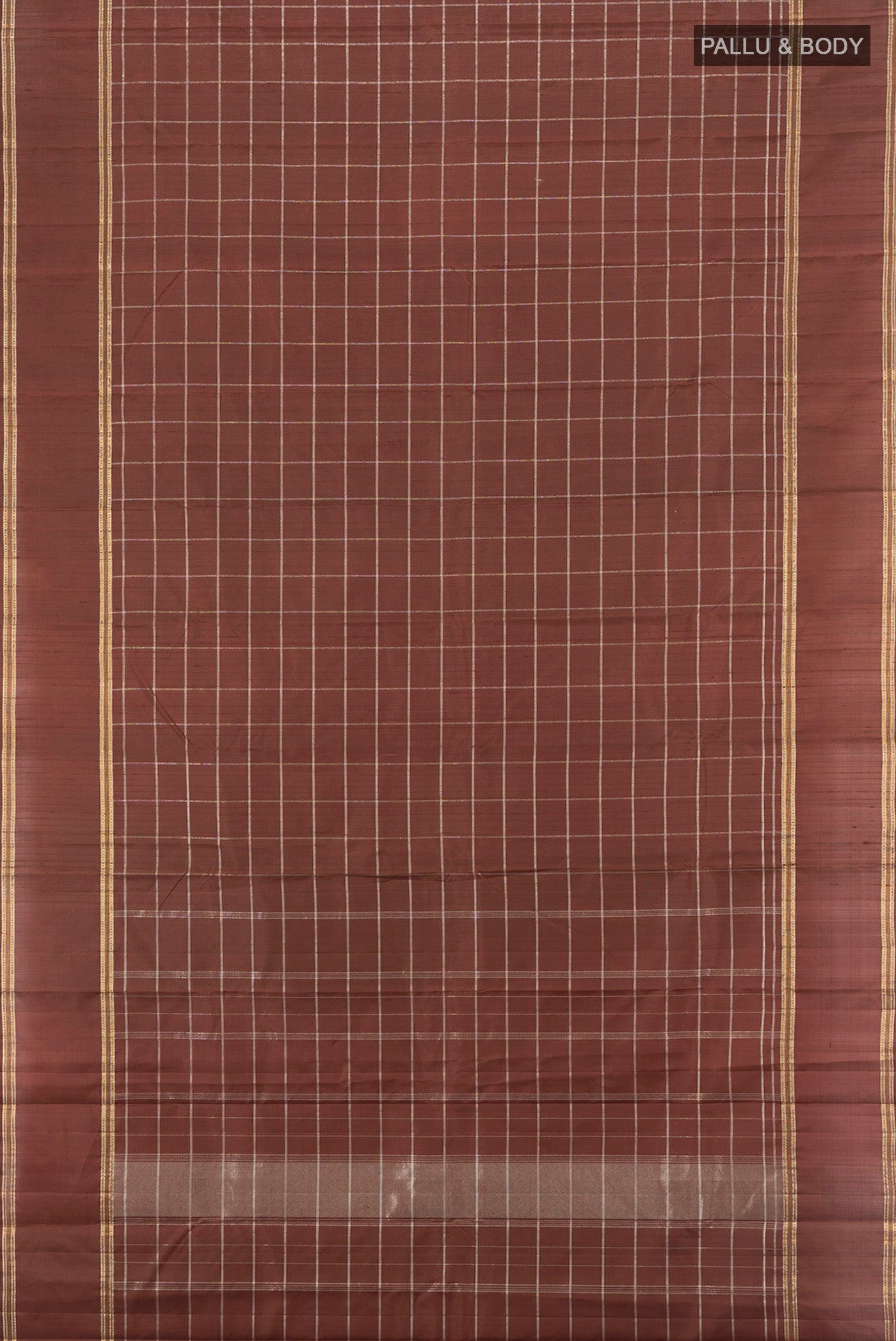 Flat view of Brown Kanchipuram Silk Saree with Checked design on the body and Plain Border. 