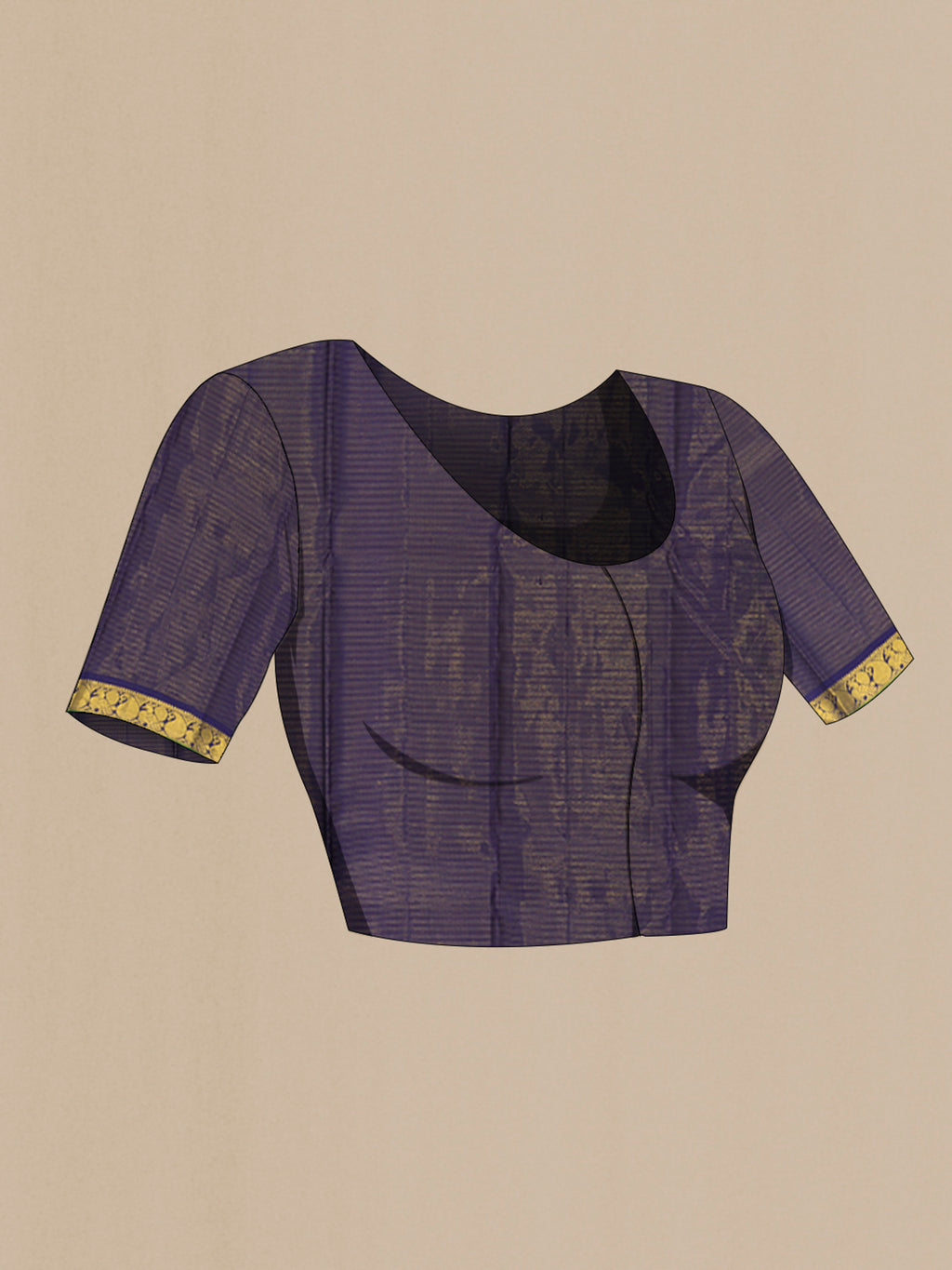 Close up image of the blouse of Pure Silk Pure Zari Navy Blue Kanjivaram Saree with Zari Butta on the body and Silk Border. 