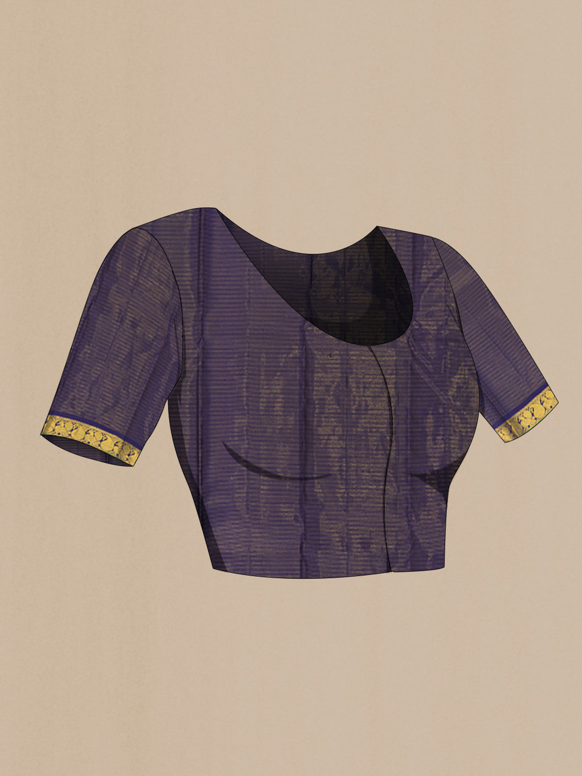 Close up image of the blouse of Pure Silk Pure Zari Navy Blue Kanjivaram Saree with Zari Butta on the body and Silk Border. 