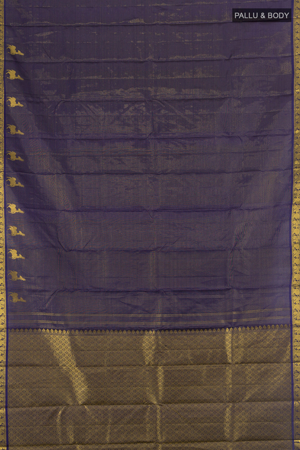 Flat view of Pure Silk Pure Zari Navy Blue Kanjivaram Saree with Zari Butta on the body and Silk Border. 
