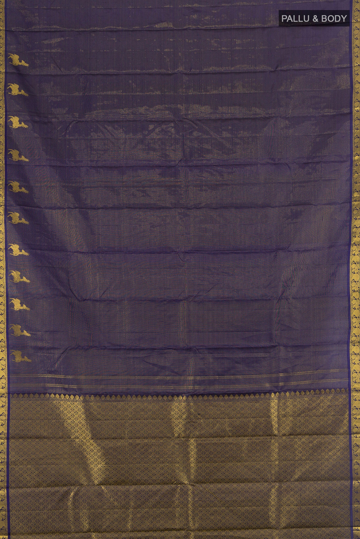 Flat view of Pure Silk Pure Zari Navy Blue Kanjivaram Saree with Zari Butta on the body and Silk Border. 