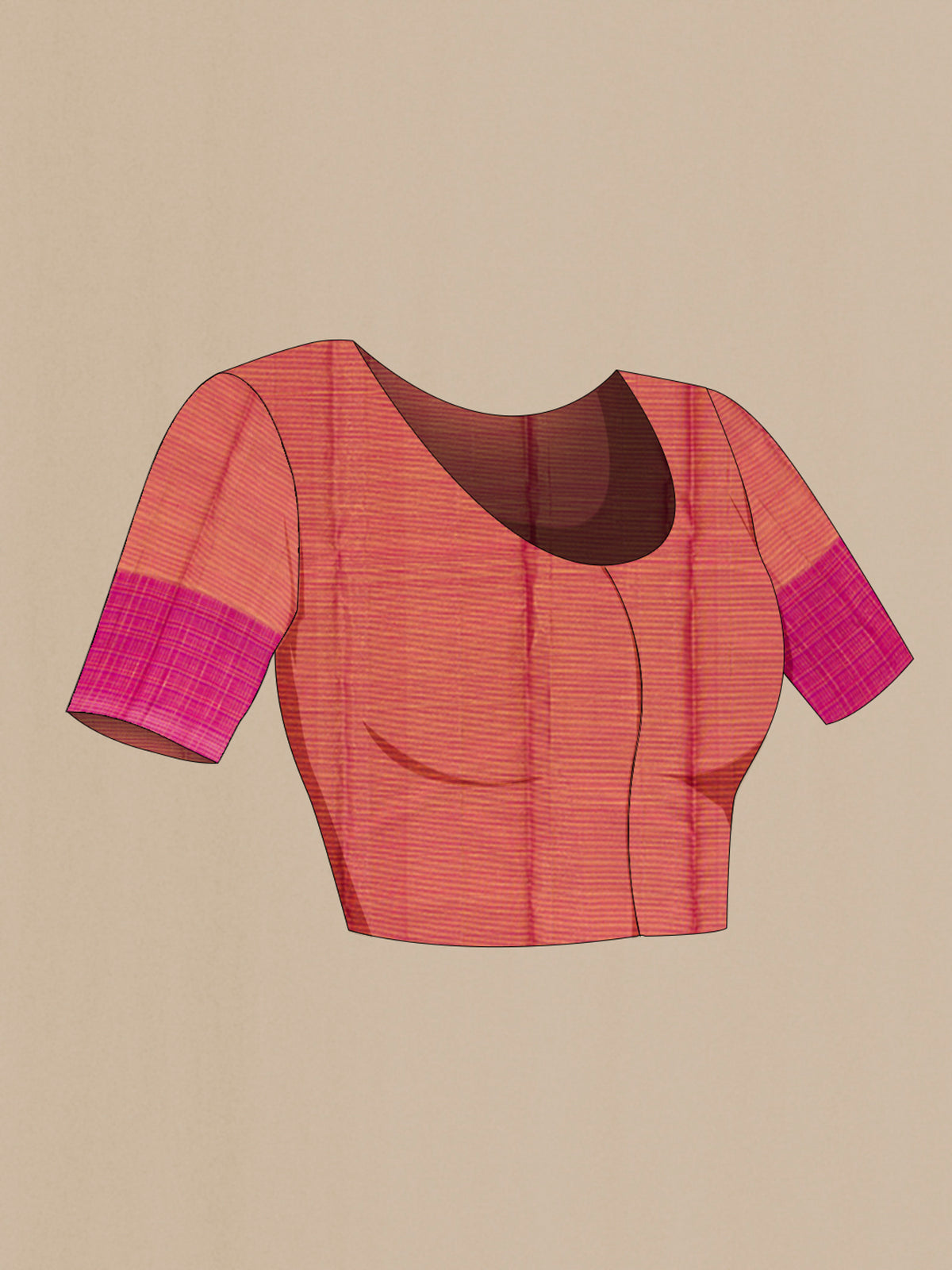 Close up image of the blouse of Mustard Kanjivaram Silk Saree with Stripes on the body and Checks Border. 
