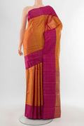 Mustard Kanjivaram Silk Saree with Stripes on the body and Checks Border.  displayed on a mannequin