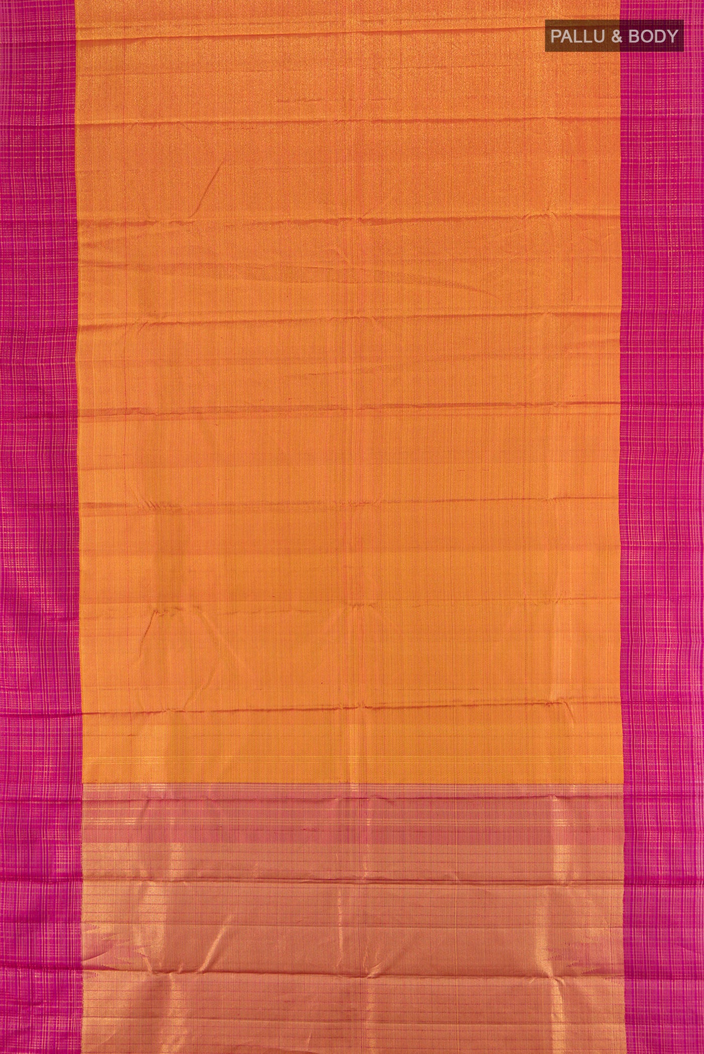 Flat view of Mustard Kanjivaram Silk Saree with Stripes on the body and Checks Border. 