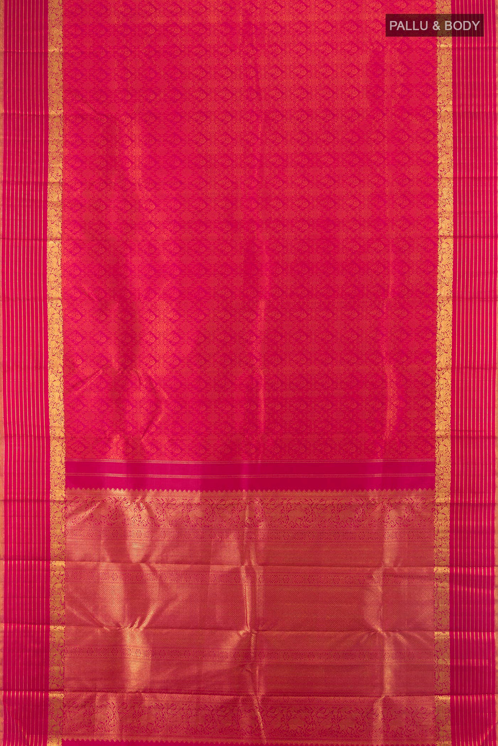Flat view of Pure Silk Dark Pink Kanchipuram Saree with Jacquard design on the body and Zari Border. 