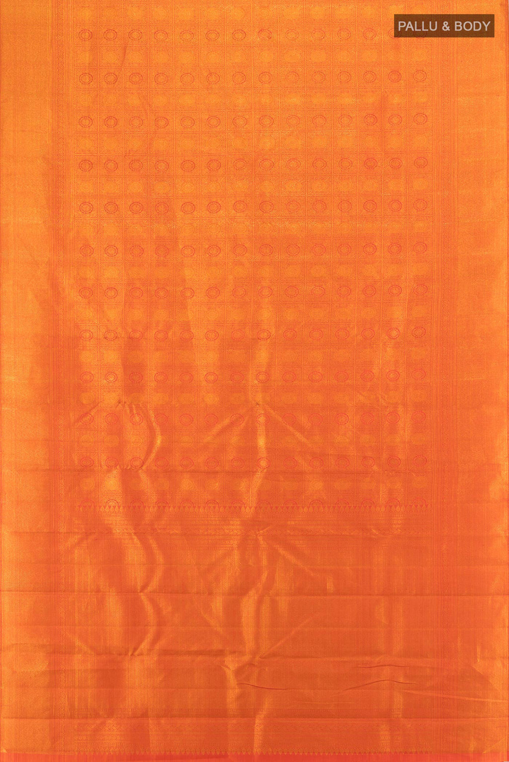Flat view of Brick Orange Kanchipuram Silk Saree with Zari Brocade on the body and Zari Border. 