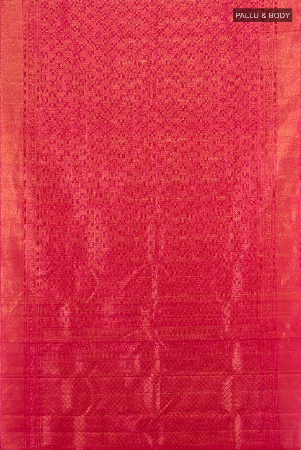 Flat view of Dark Pink Kanchipuram Silk Saree with Zari Butta on the body and Silk Border. 