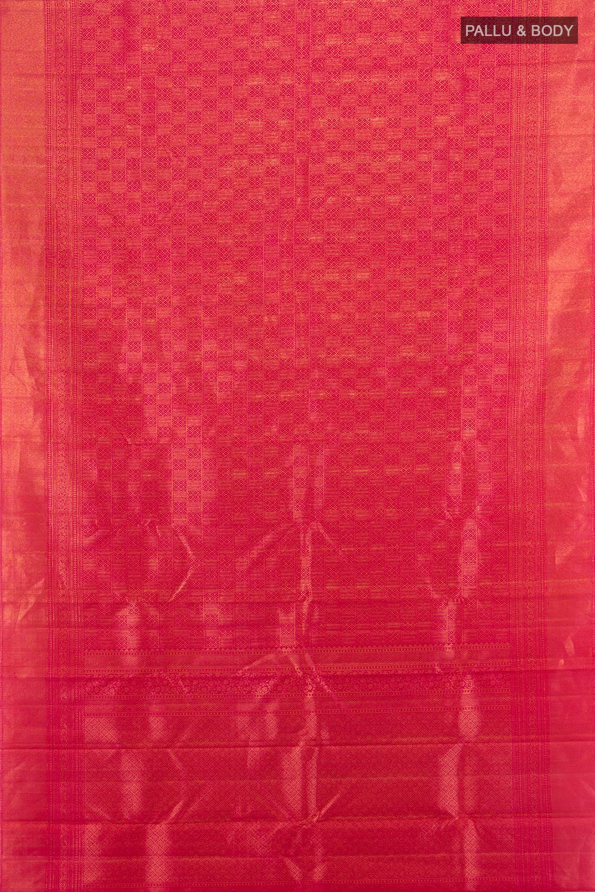 Flat view of Dark Pink Kanchipuram Silk Saree with Zari Butta on the body and Silk Border. 