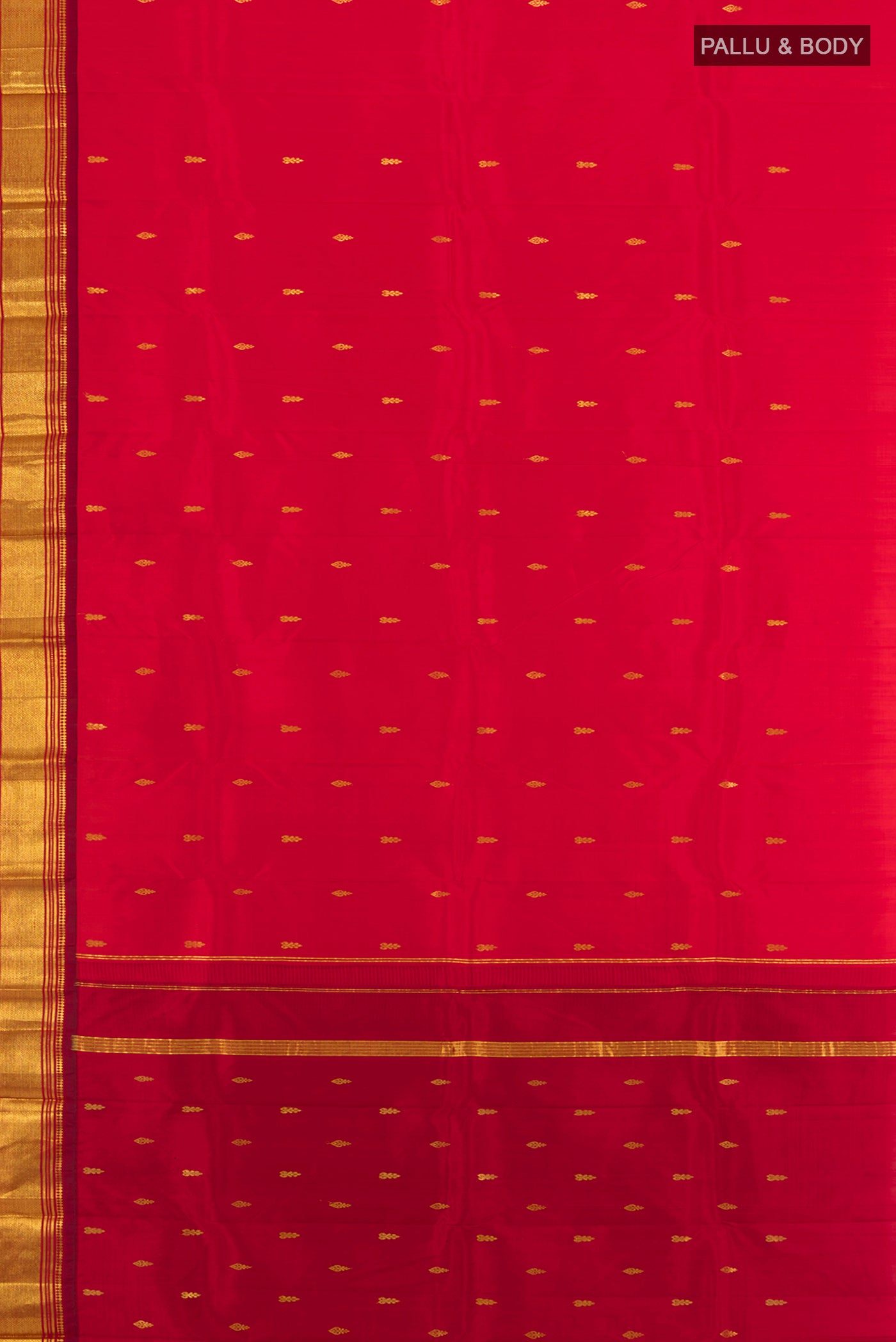 Flat view of Red Kanjivaram Silk Saree with Zari Butta on the body and One Side Border. 
