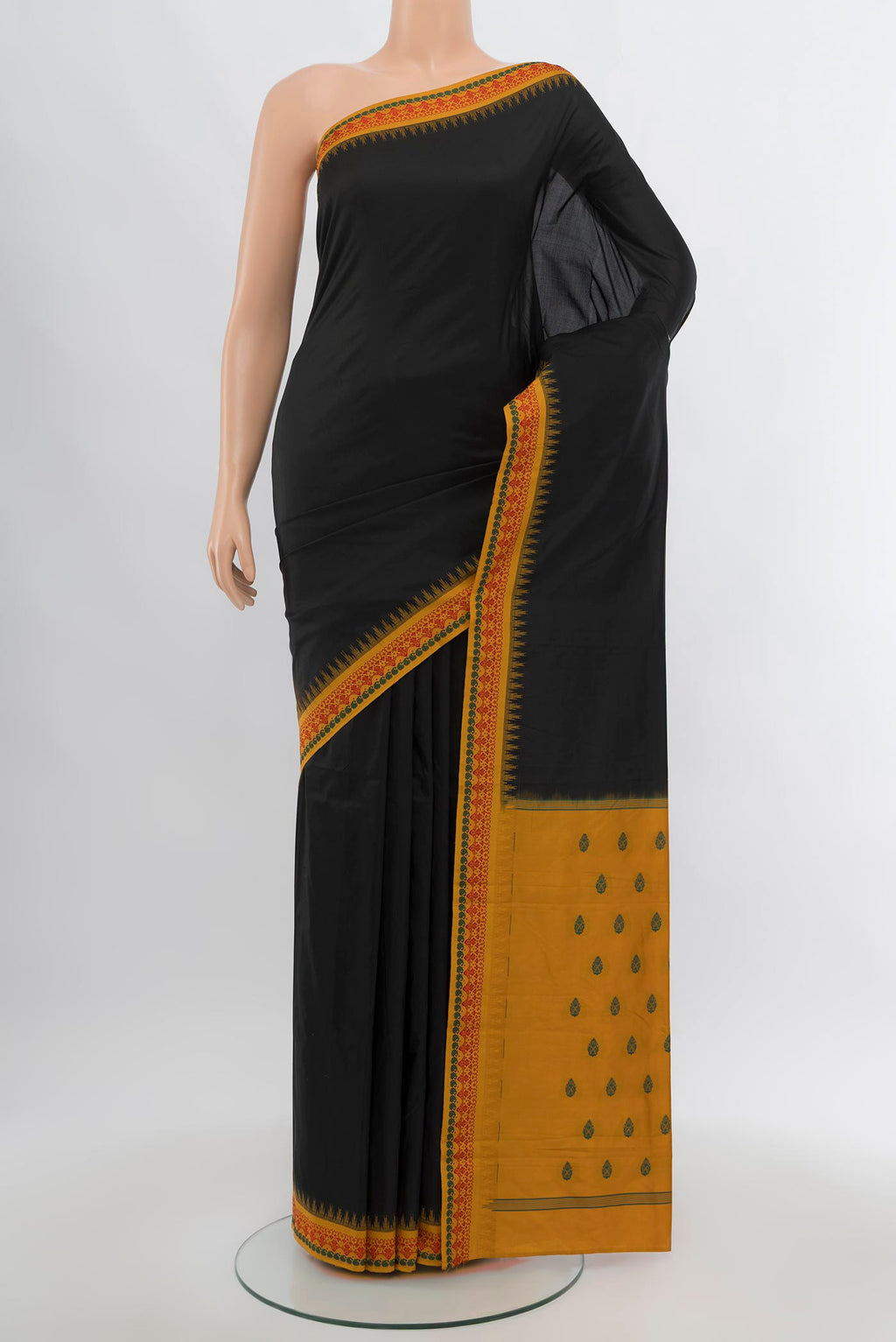 Black Bangalore Silk - kadyal Saree with Zari Butta on the body and Thread Border.  displayed on a mannequin