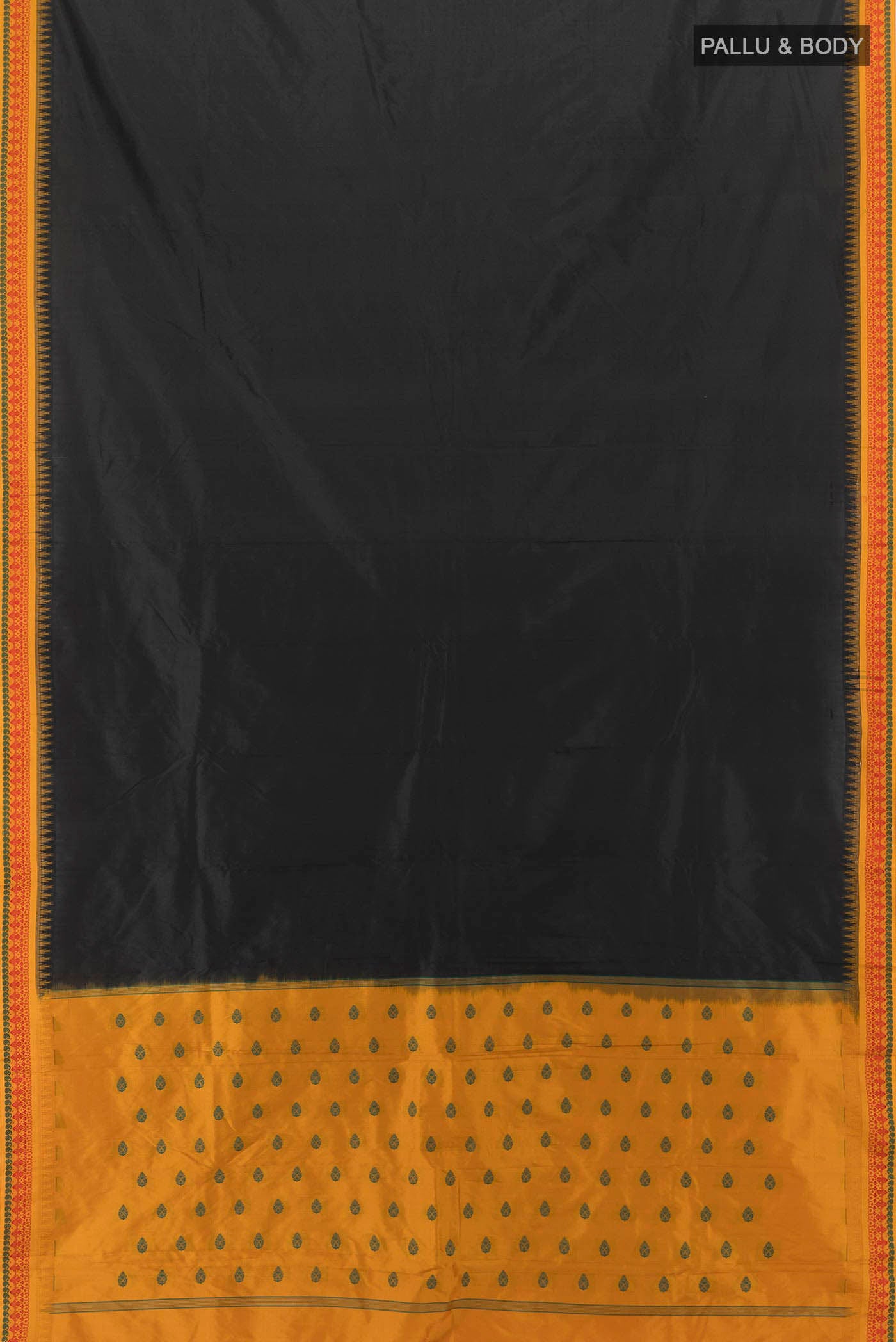 Flat view of Black Bangalore Silk - kadyal Saree with Zari Butta on the body and Thread Border. 