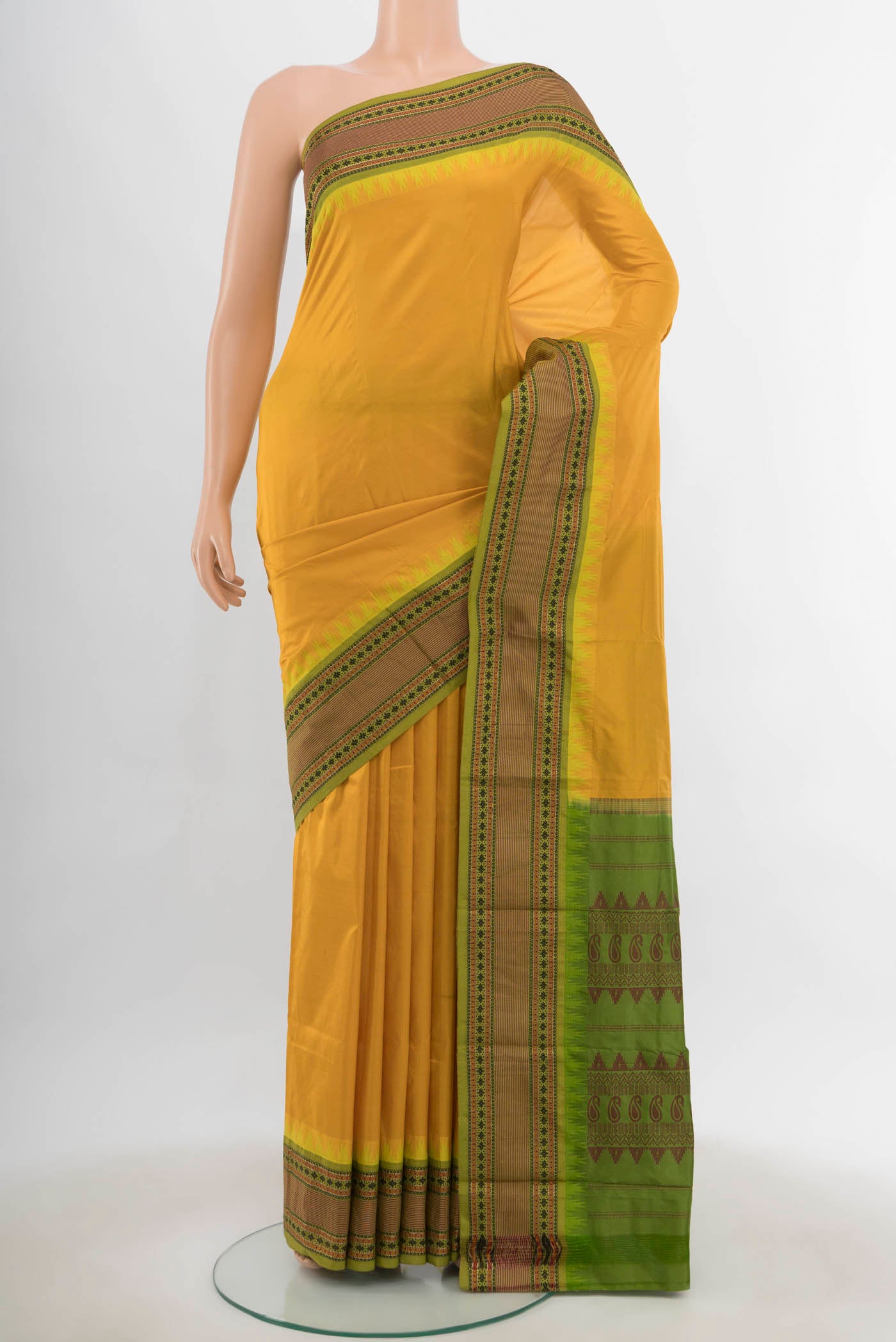 Yellow Bangalore Silk - kadyal Saree with Plain Body and Silk Border.  displayed on a mannequin