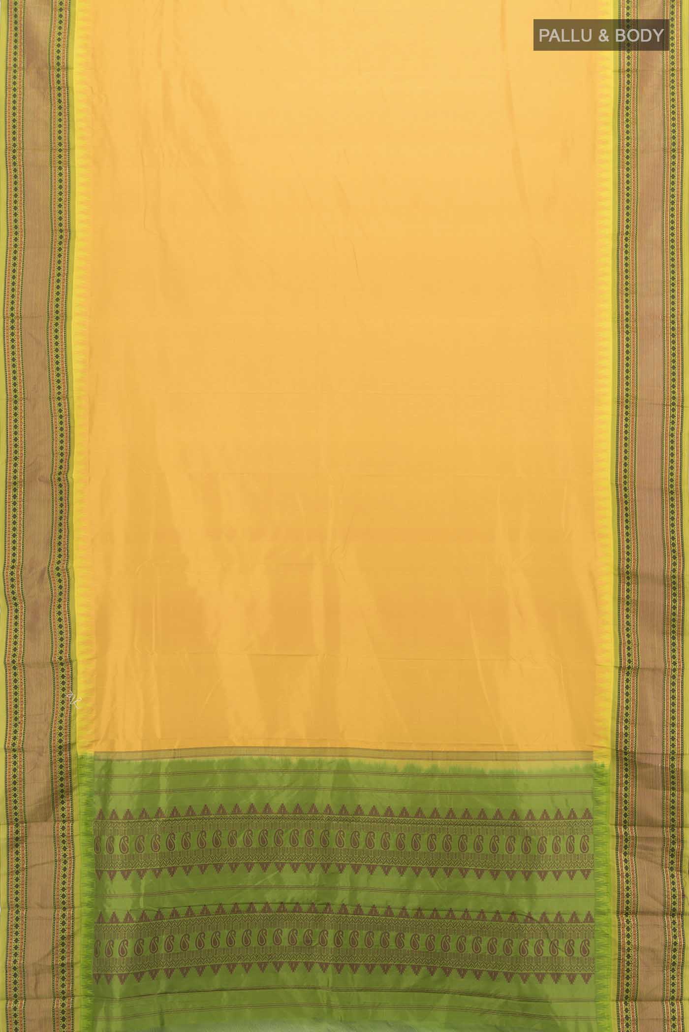 Flat view of Yellow Bangalore Silk - kadyal Saree with Plain Body and Silk Border. 