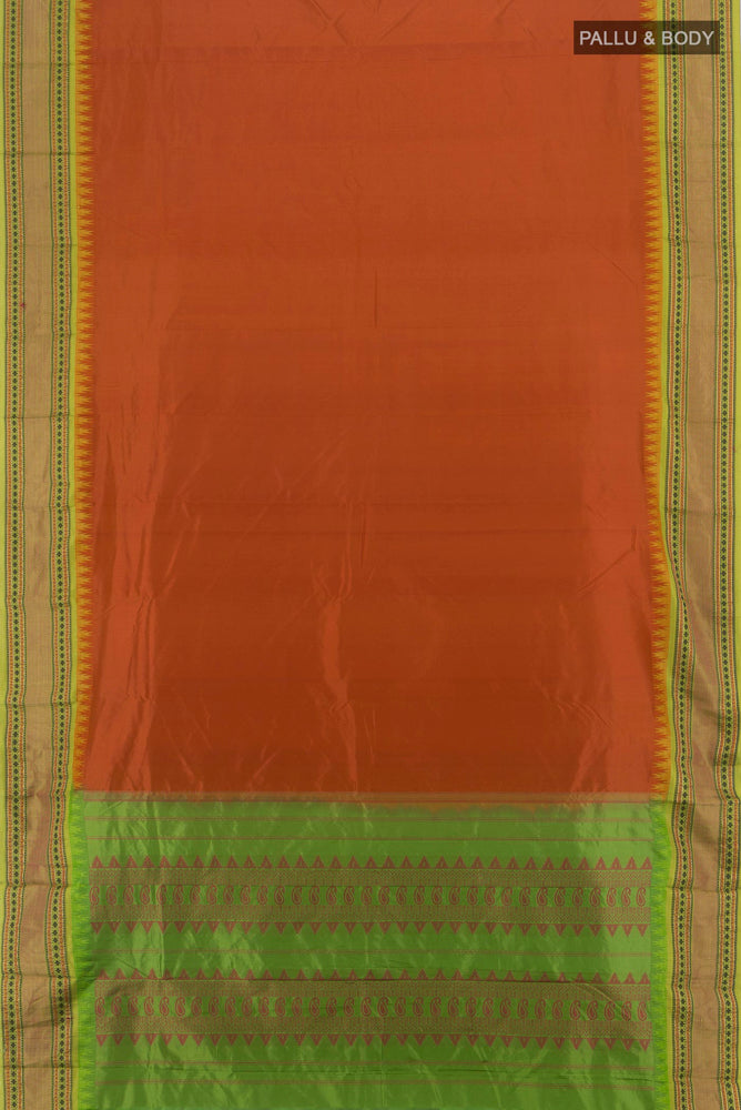 Flat view of Rust Bangalore Silk - kadyal Saree with Plain Body and Silk Border. 