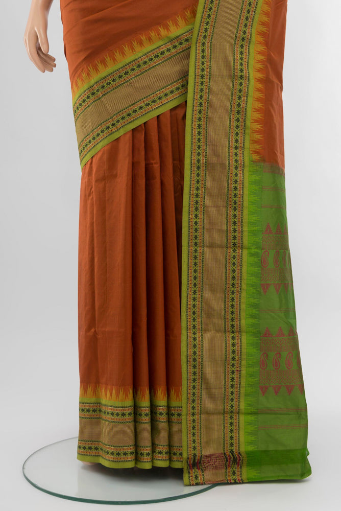 Pleats and pallu of Rust Bangalore Silk - kadyal Saree with Plain Body and Silk Border. 