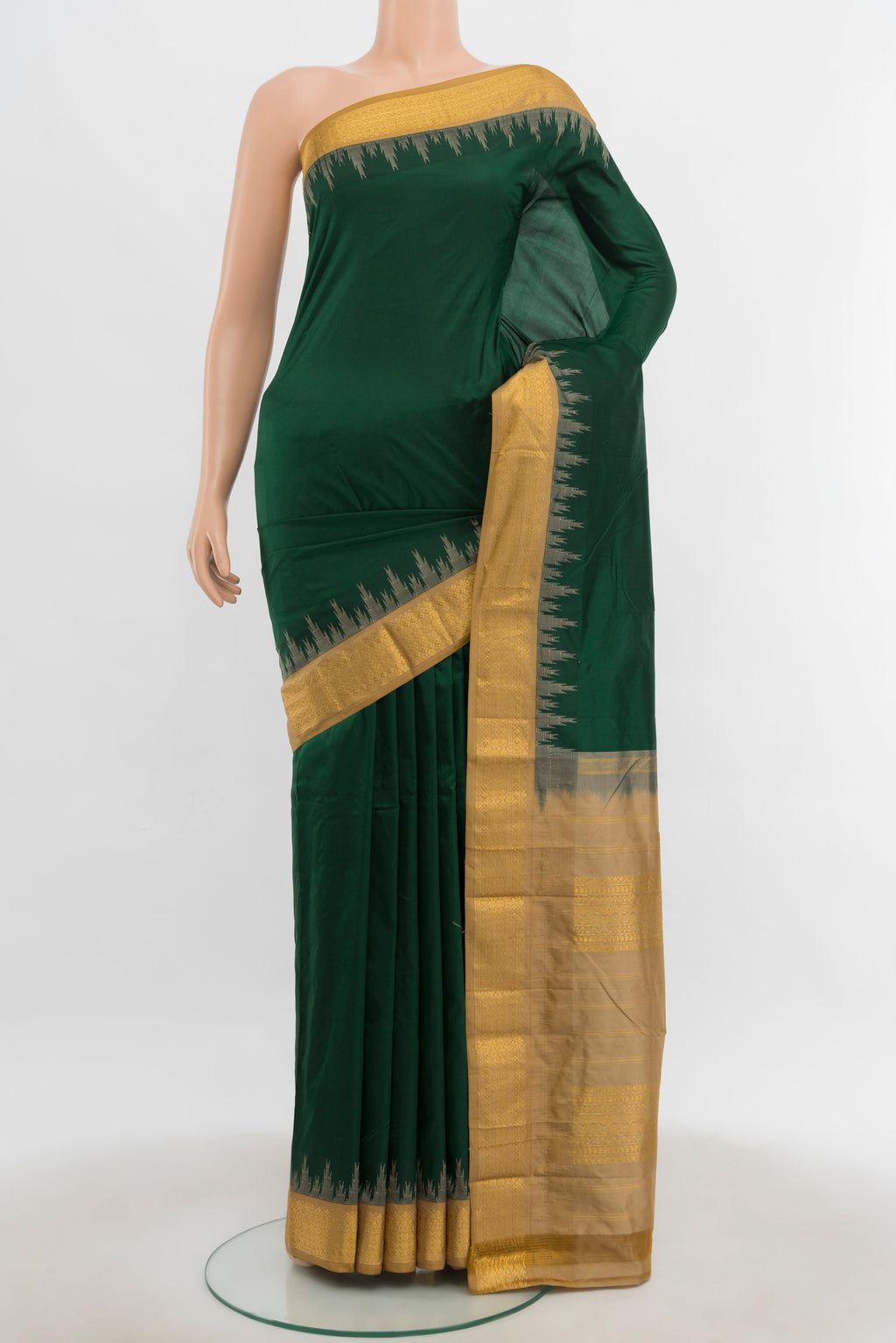 Bottle Green Bangalore Silk Saree with Zari Butta on the body and Silk Border.  displayed on a mannequin