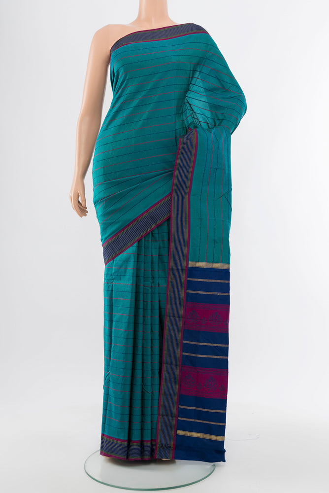 Peacock Blue Bangalore Silk - kadyal Saree with Checked design on the body and Silk Border.  displayed on a mannequin