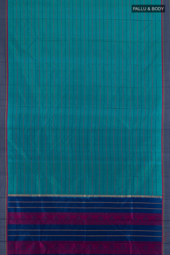 Flat view of Peacock Blue Bangalore Silk - kadyal Saree with Checked design on the body and Silk Border. 