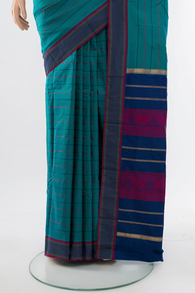 Pleats and pallu of Peacock Blue Bangalore Silk - kadyal Saree with Checked design on the body and Silk Border. 