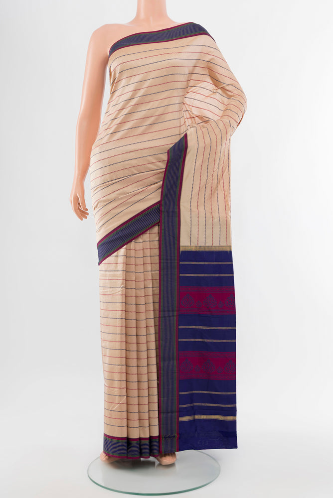 Beige Bangalore Silk - kadyal Saree with Checked design on the body and Silk Border.  displayed on a mannequin