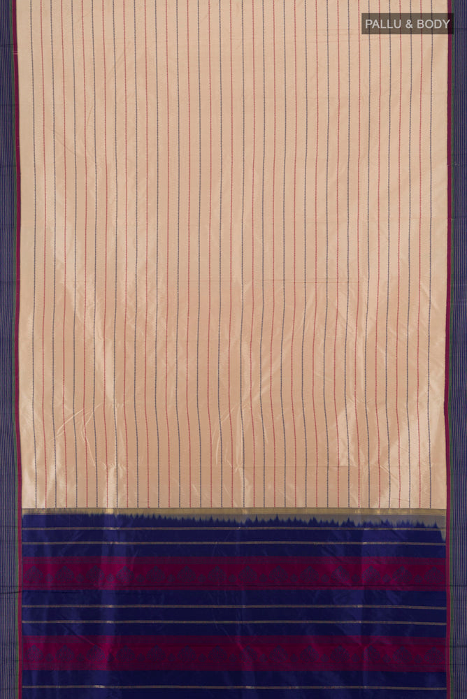 Flat view of Beige Bangalore Silk - kadyal Saree with Checked design on the body and Silk Border. 