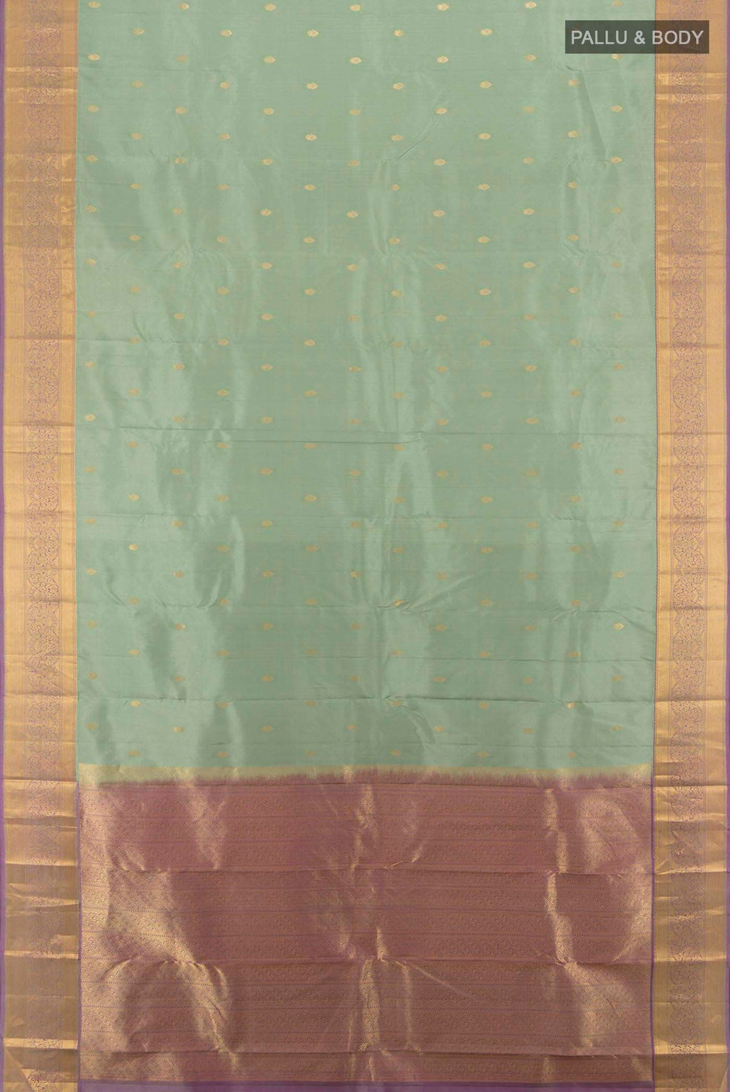 Flat view of Pista Green Kanchipuram Silk Saree with Zari Butta on the body and Silk Border. 