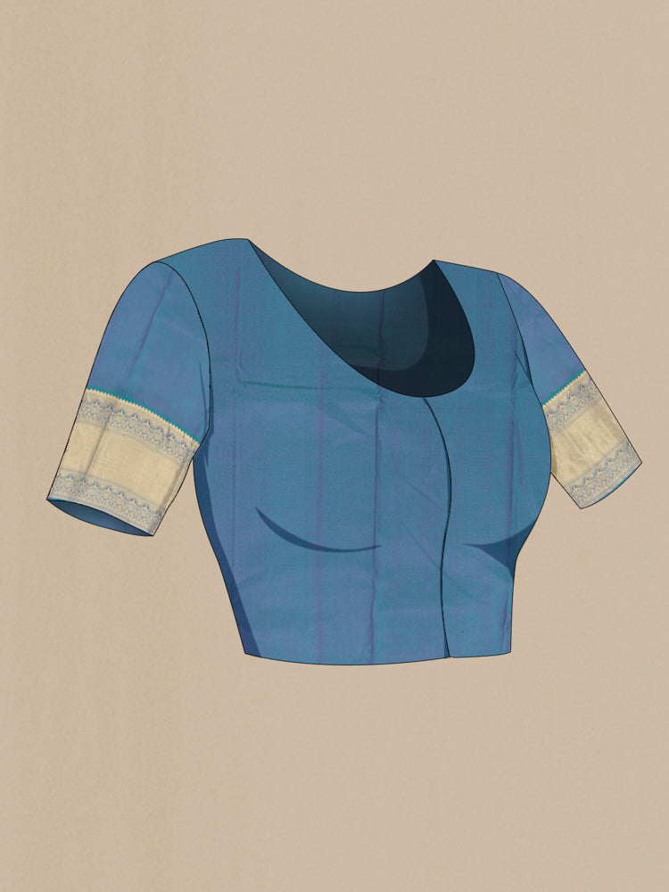 Close up image of the blouse of Violet Kanchipuram Silk Saree with Zari Butta on the body and Silk Border. 