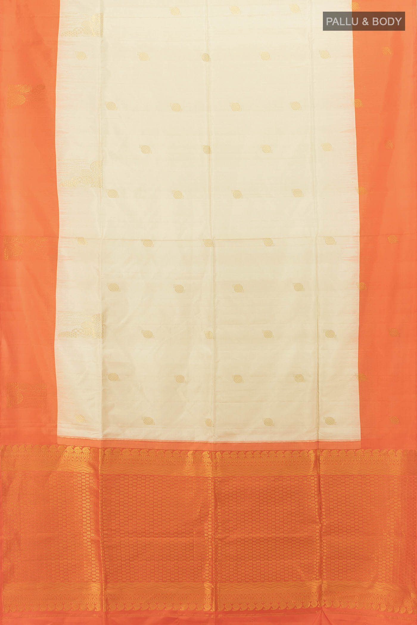 Flat view of Cream Soft Silk Saree with Zari Butta on the body and Zari Border. 
