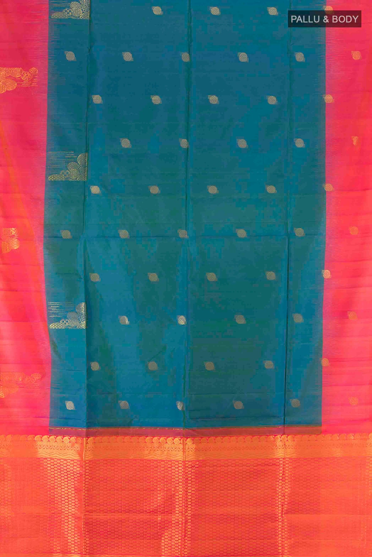 Flat view of Peacock Blue Soft Silk Saree with Zari Butta on the body and Silk Border