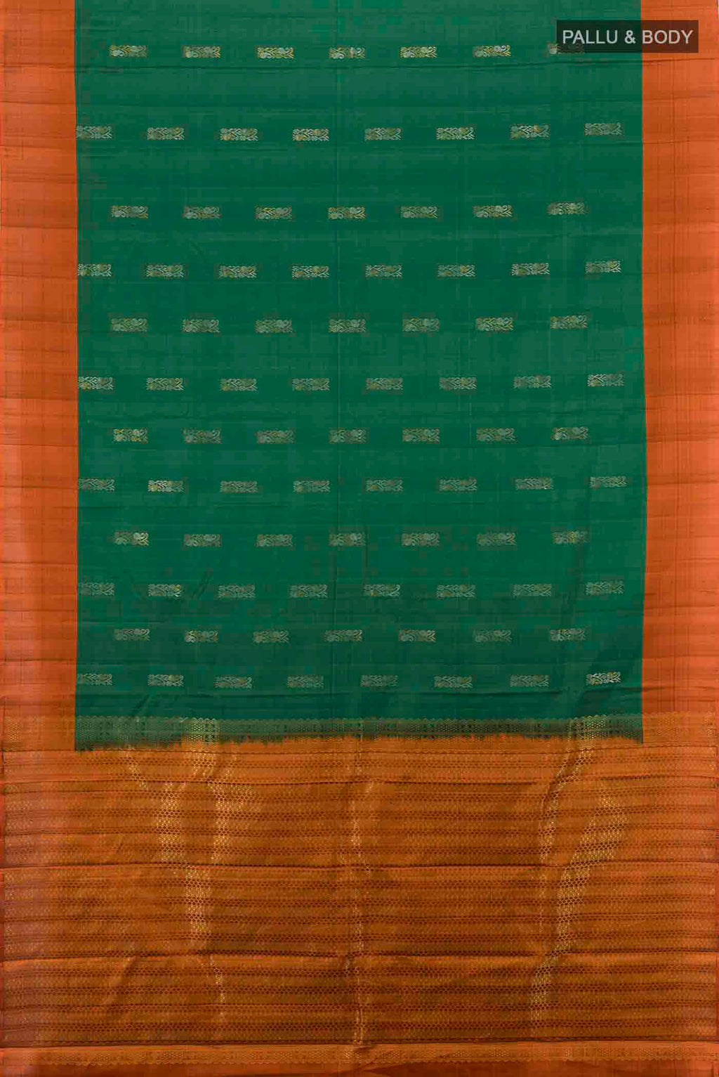 Flat view of Bottle Green Kanchipuram Silk Saree with Zari Brocade on the body and Silk Border