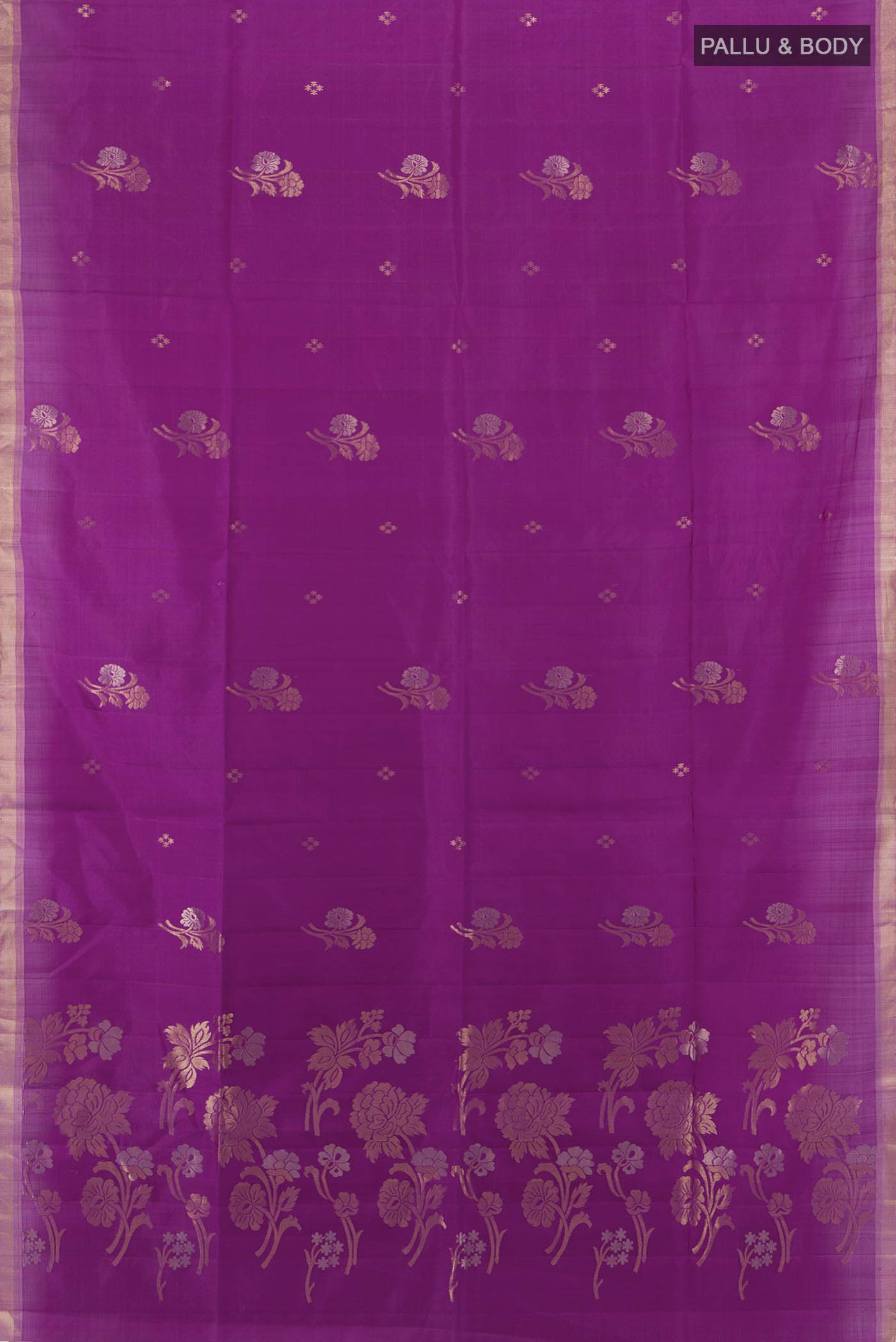 Flat view of Purple Soft Silk Saree with Zari Butta on the body and Zari Border. 
