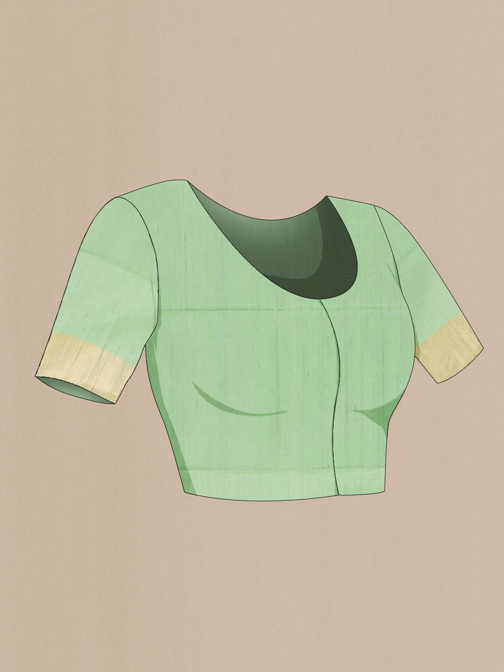 Close up image of the blouse of Pista Green Soft Silk Saree with Zari Butta on the body and Zari Border. 