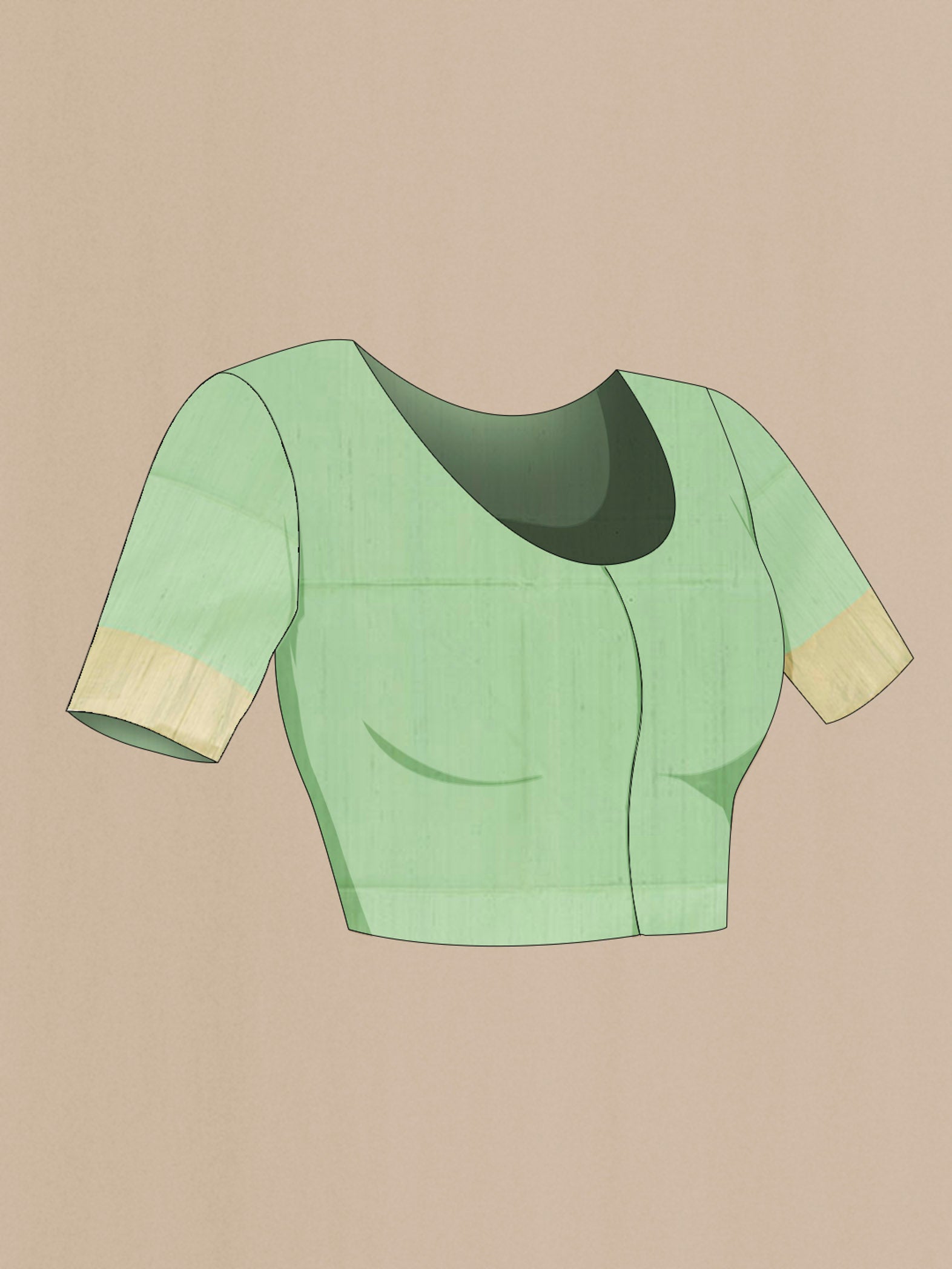 Close up image of the blouse of Pista Green Soft Silk Saree with Zari Butta on the body and Zari Border. 