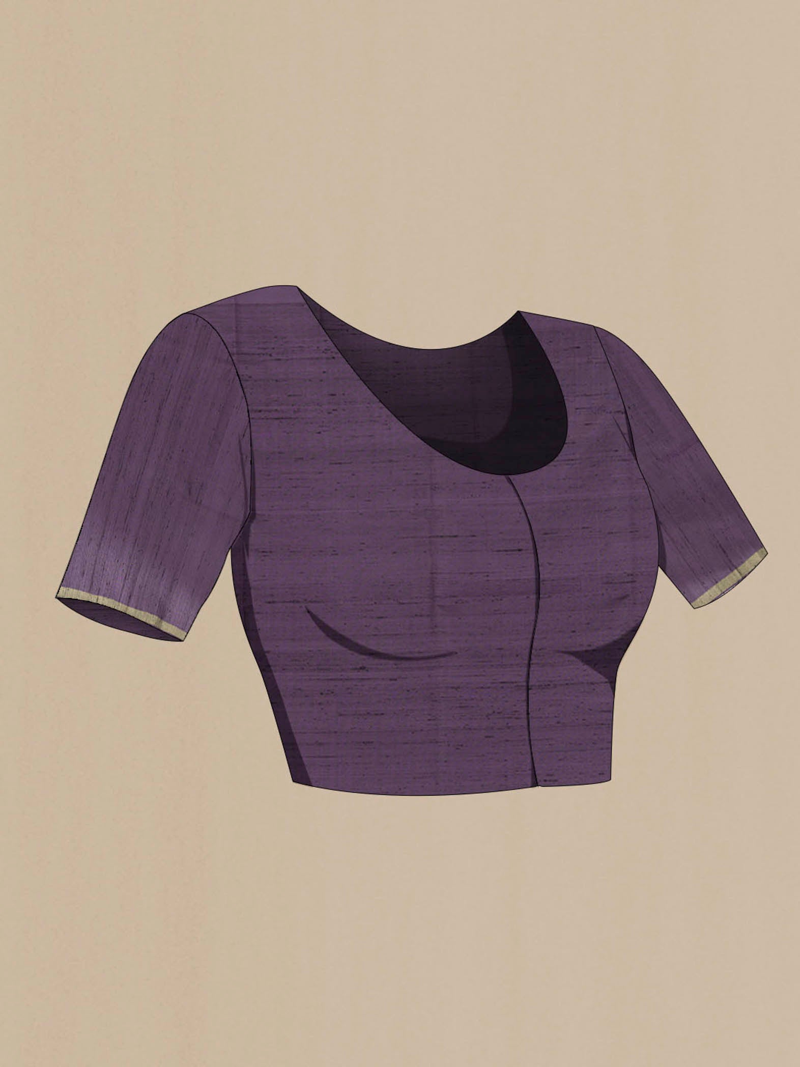 Close up image of the blouse of Purple Soft Silk Saree with Zari Butta on the body and Silk Border. 
