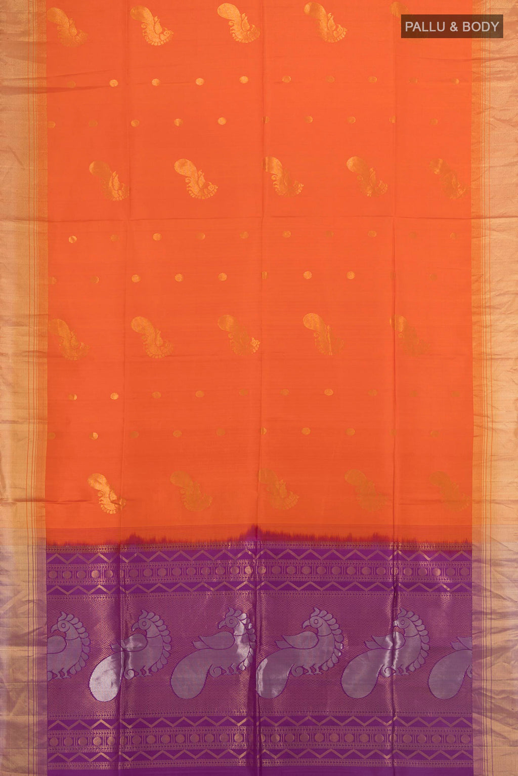 Flat view of Pure Silk Orange Soft Saree with Zari Butta on the body and Zari Border. 