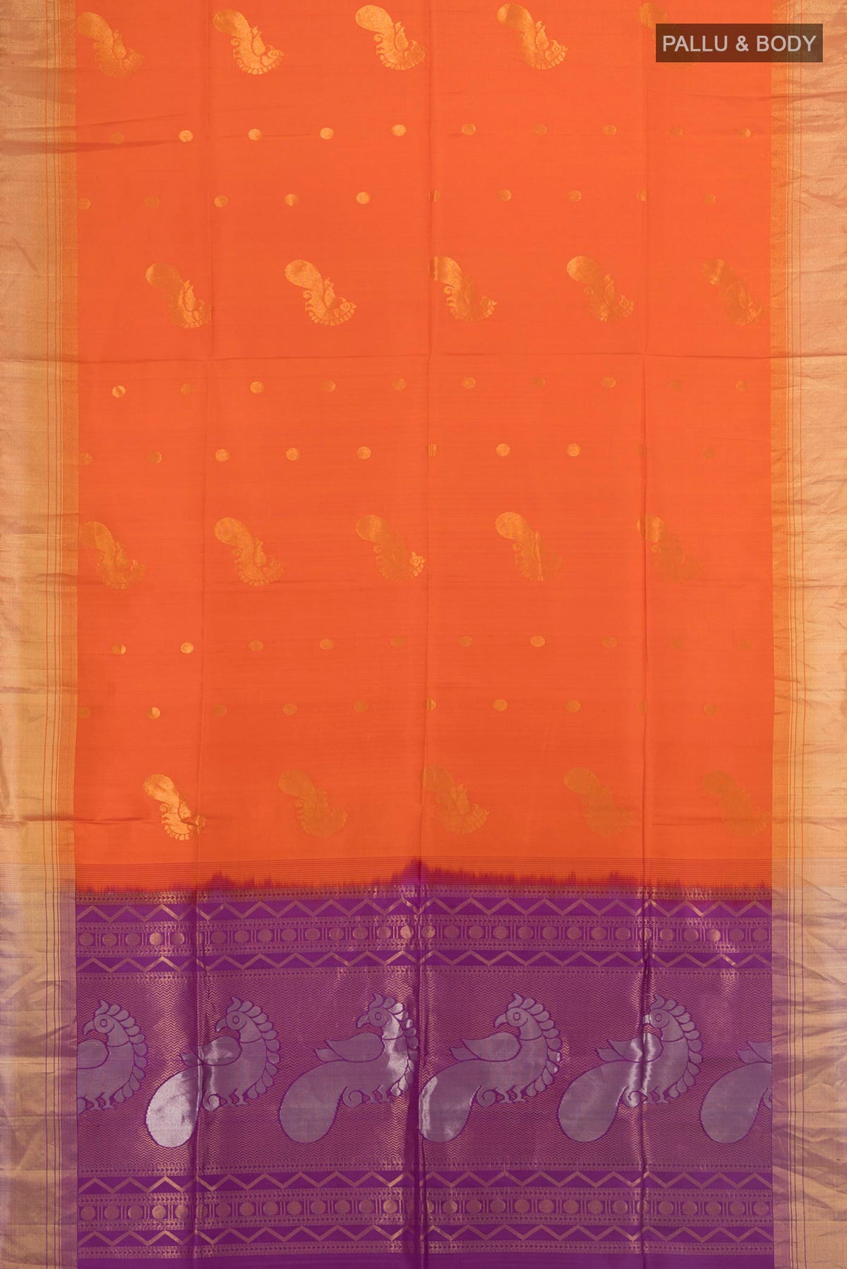 Flat view of Pure Silk Orange Soft Saree with Zari Butta on the body and Zari Border. 