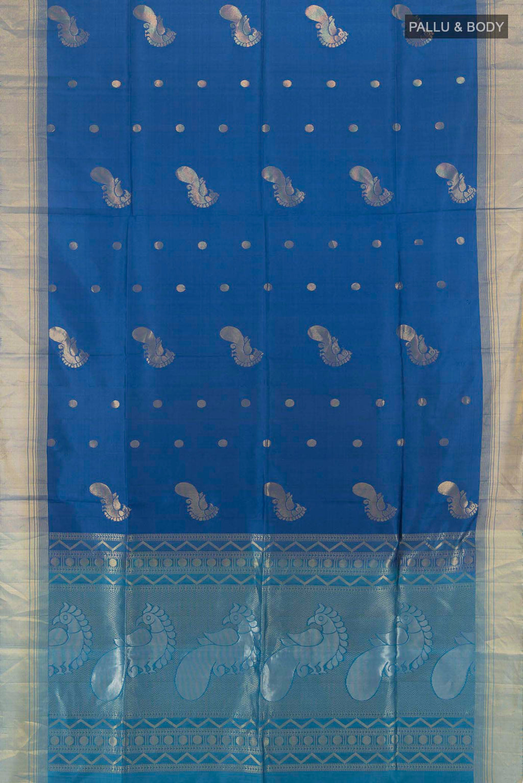 Flat view of Light Blue Soft Silk Saree with Zari Butta on the body and Silk Border. 