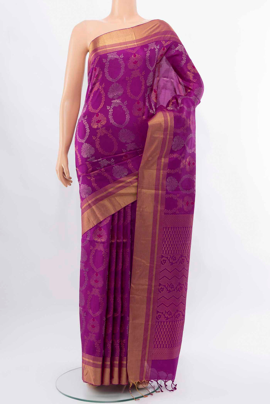 Purple Soft Silk Saree with Zari Butta on the body and Silk Border displayed on a mannequin