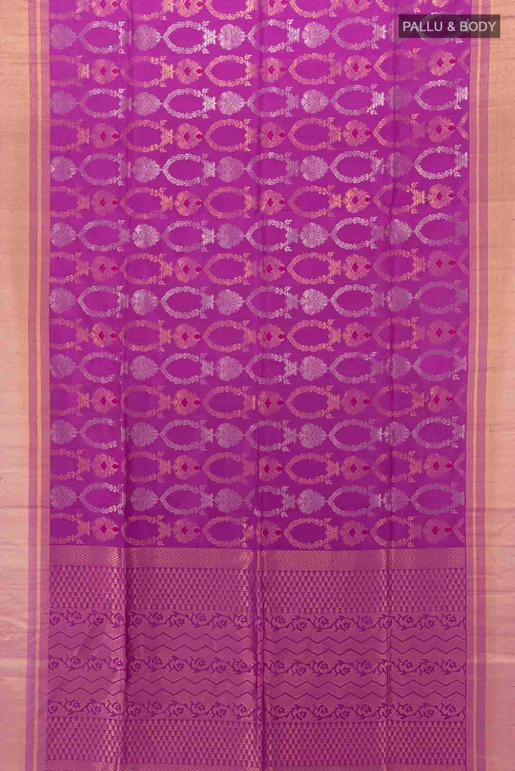 Flat view of Purple Soft Silk Saree with Zari Butta on the body and Silk Border