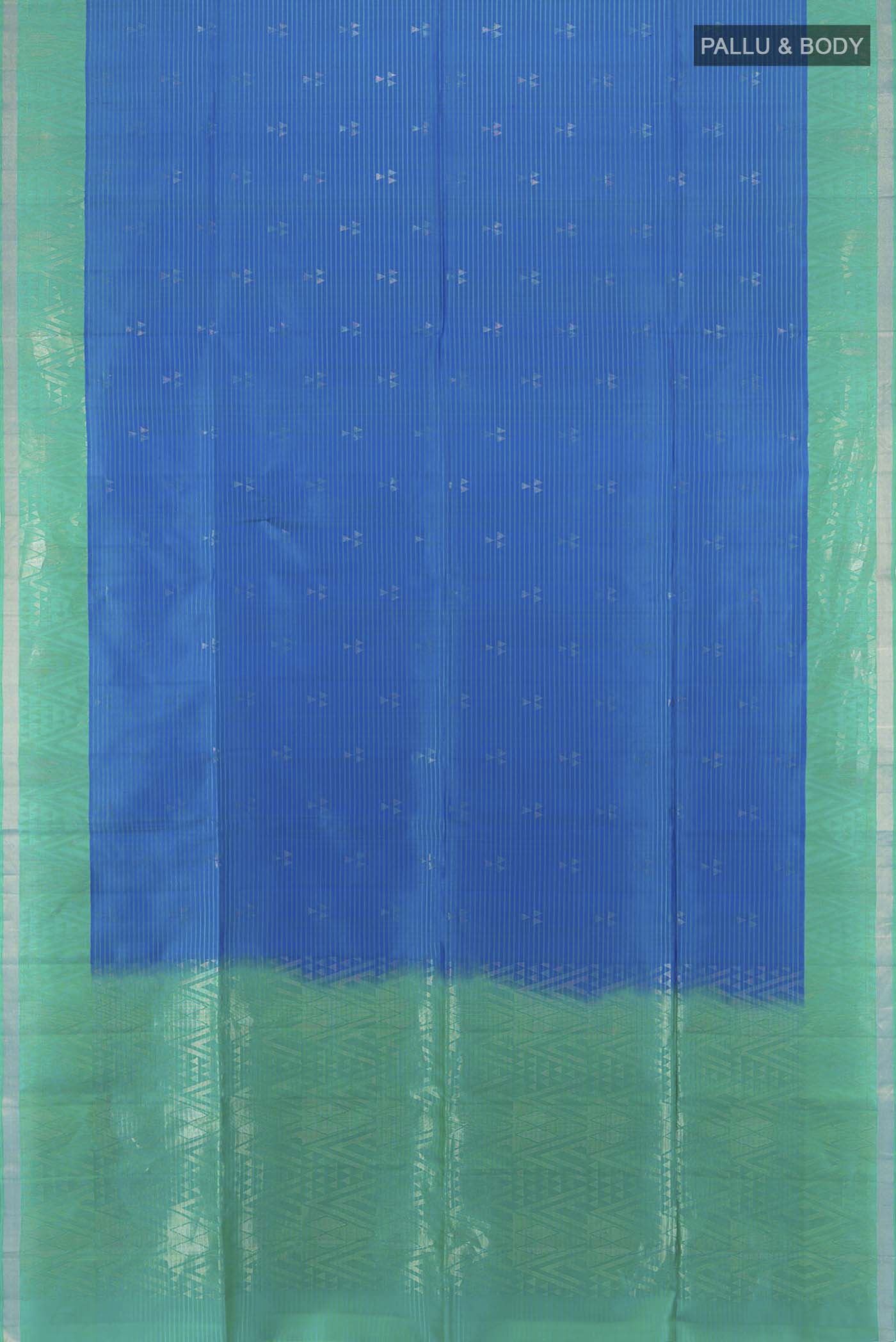 Flat view of Light Blue Soft Silk Saree with Zari Butta on the body and Zari Border. 