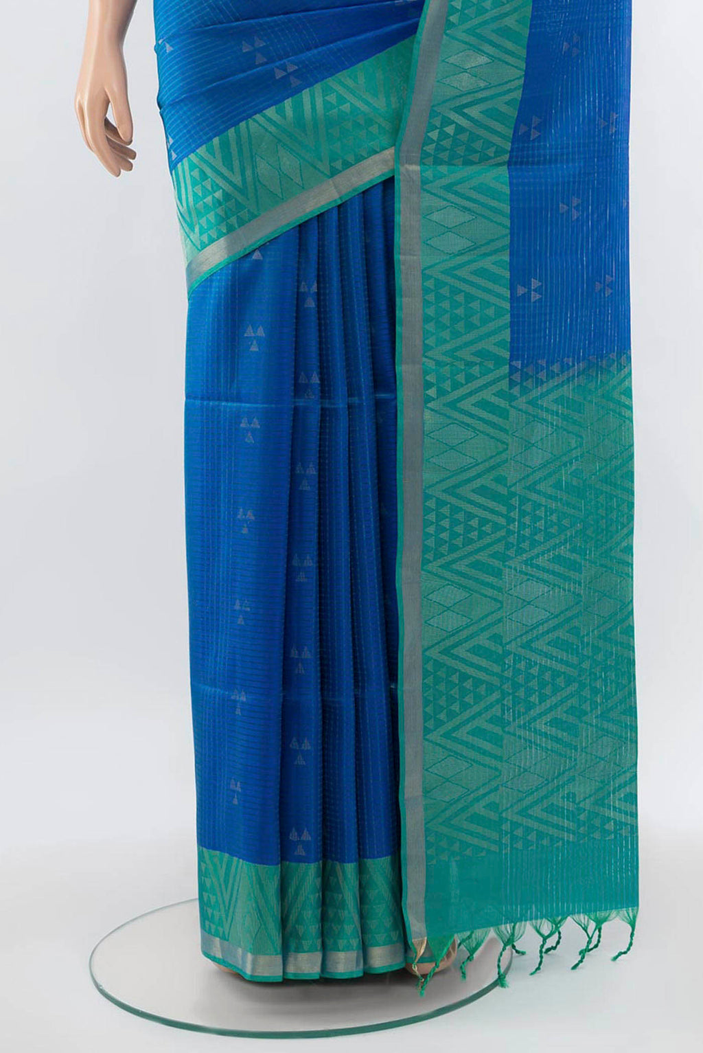 Pleats and pallu of Light Blue Soft Silk Saree with Zari Butta on the body and Zari Border. 