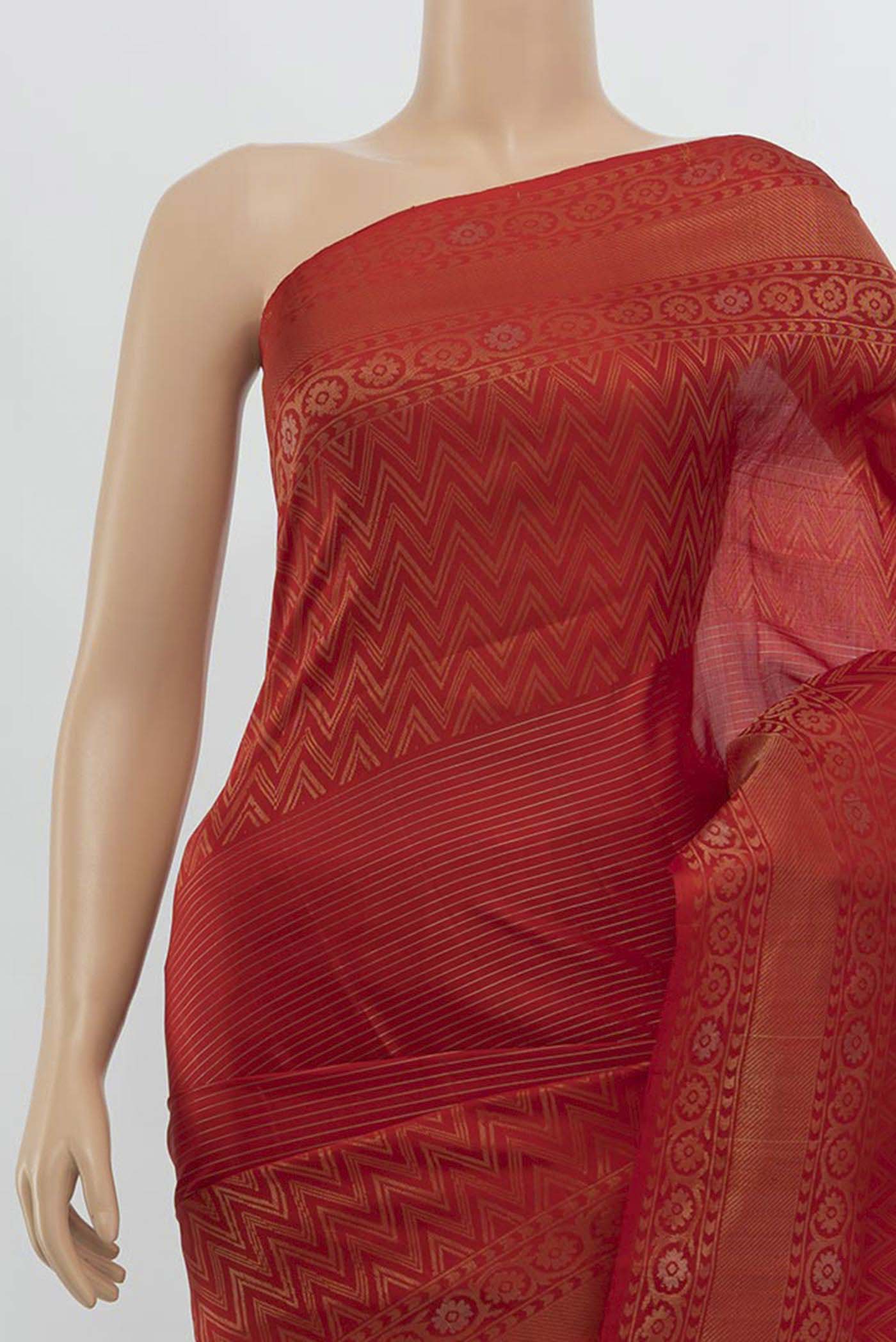Border image of Red Soft Silk Saree with Zari Butta on the body and Silk Border. 