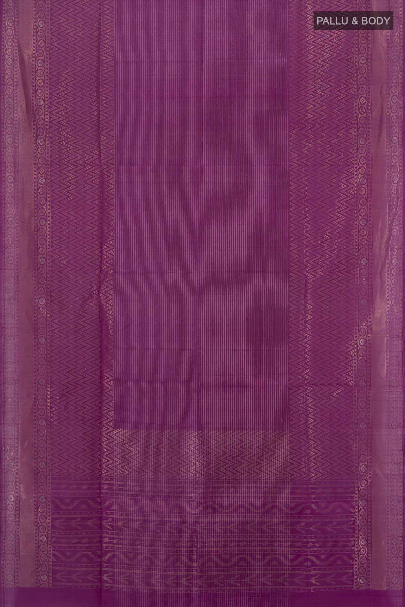 Flat view of Purple Soft Silk Saree with Zari Butta on the body and Silk Border. 