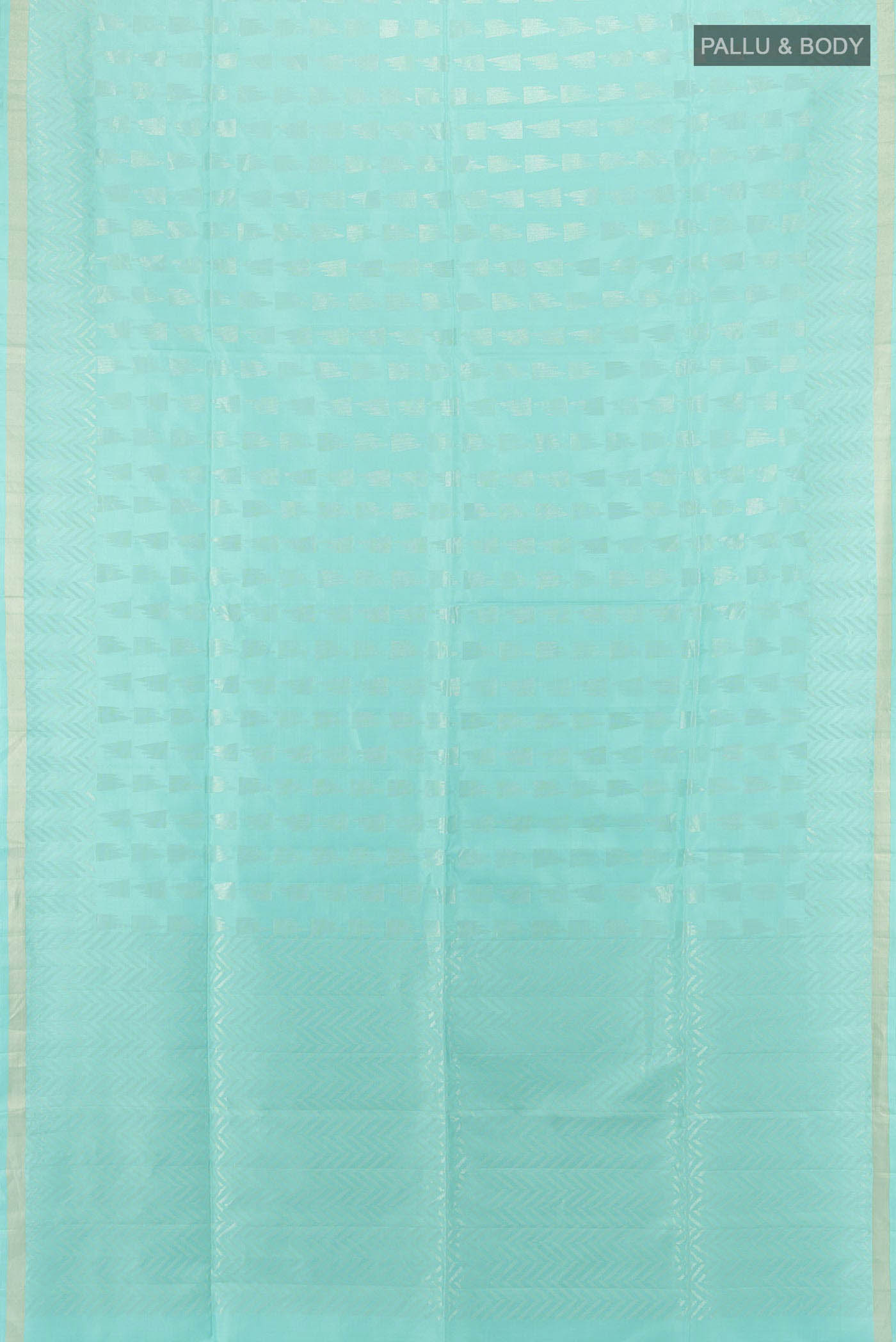 Flat view of Sky Blue Soft Silk Saree with Zari Butta on the body and Silk Border. 