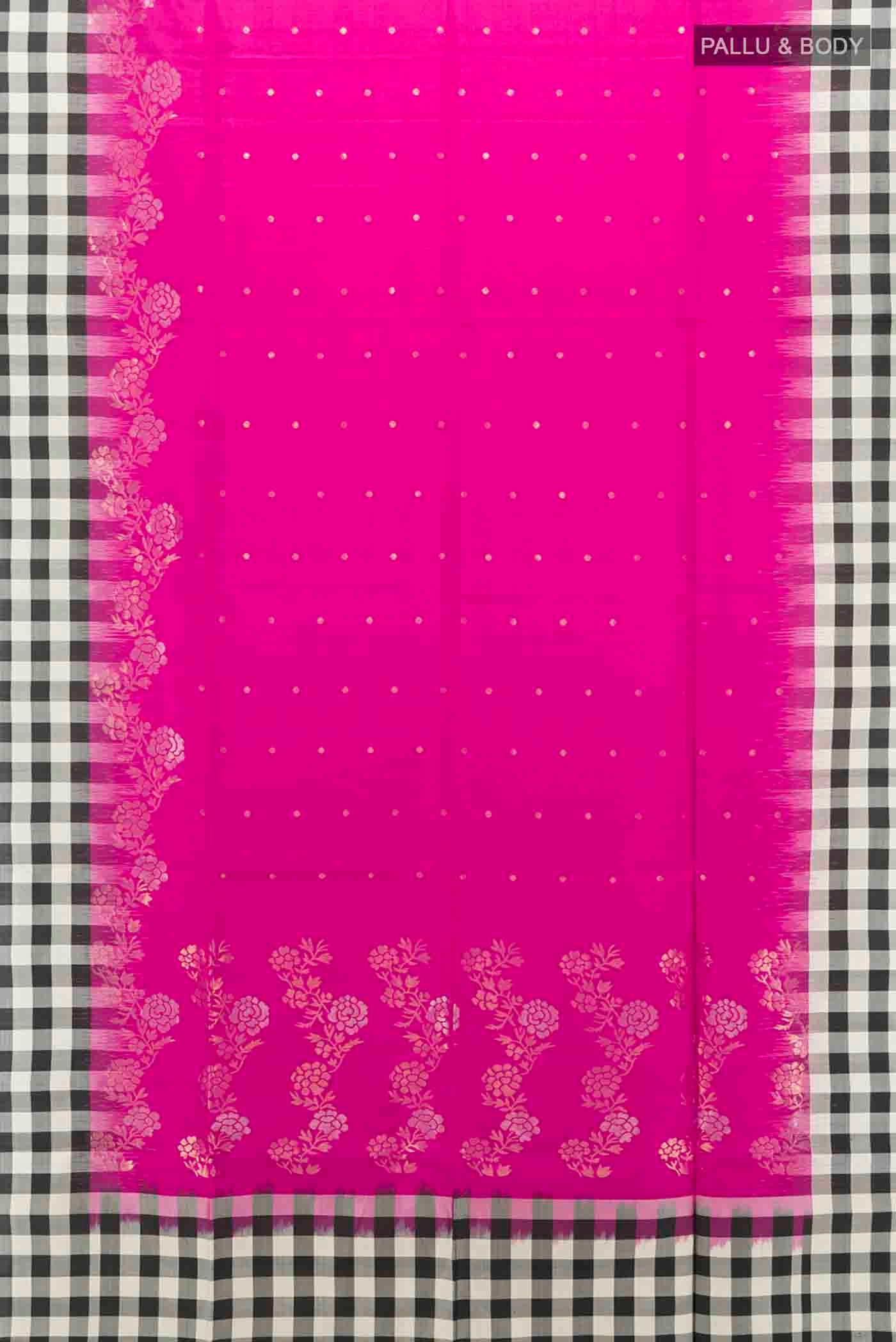 Flat view of Rani Pink Soft Silk Saree with Zari Butta on the body and Checks Border
