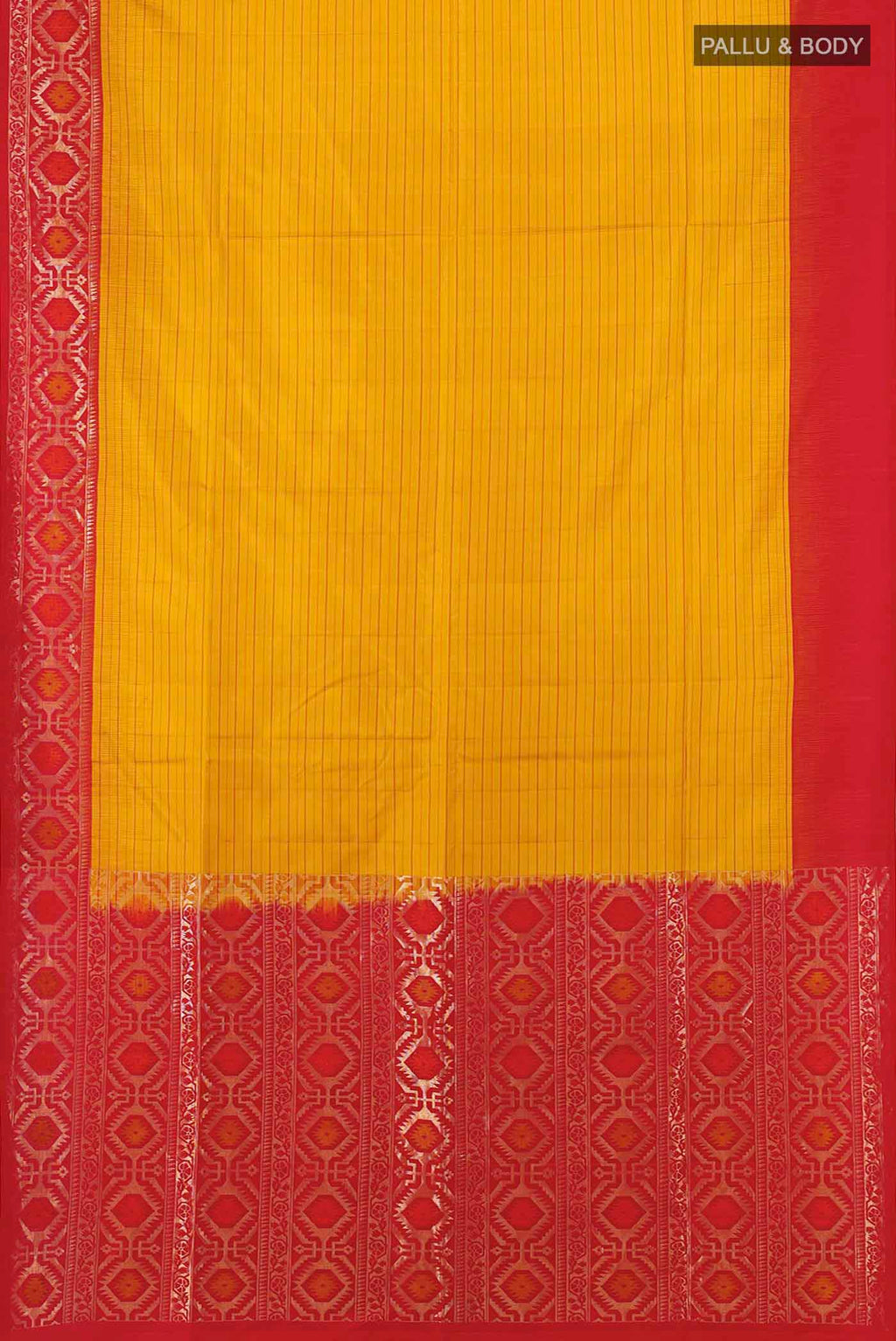 Flat view of Mustard Soft Silk Saree with Zari Butta on the body and Silk Border. 